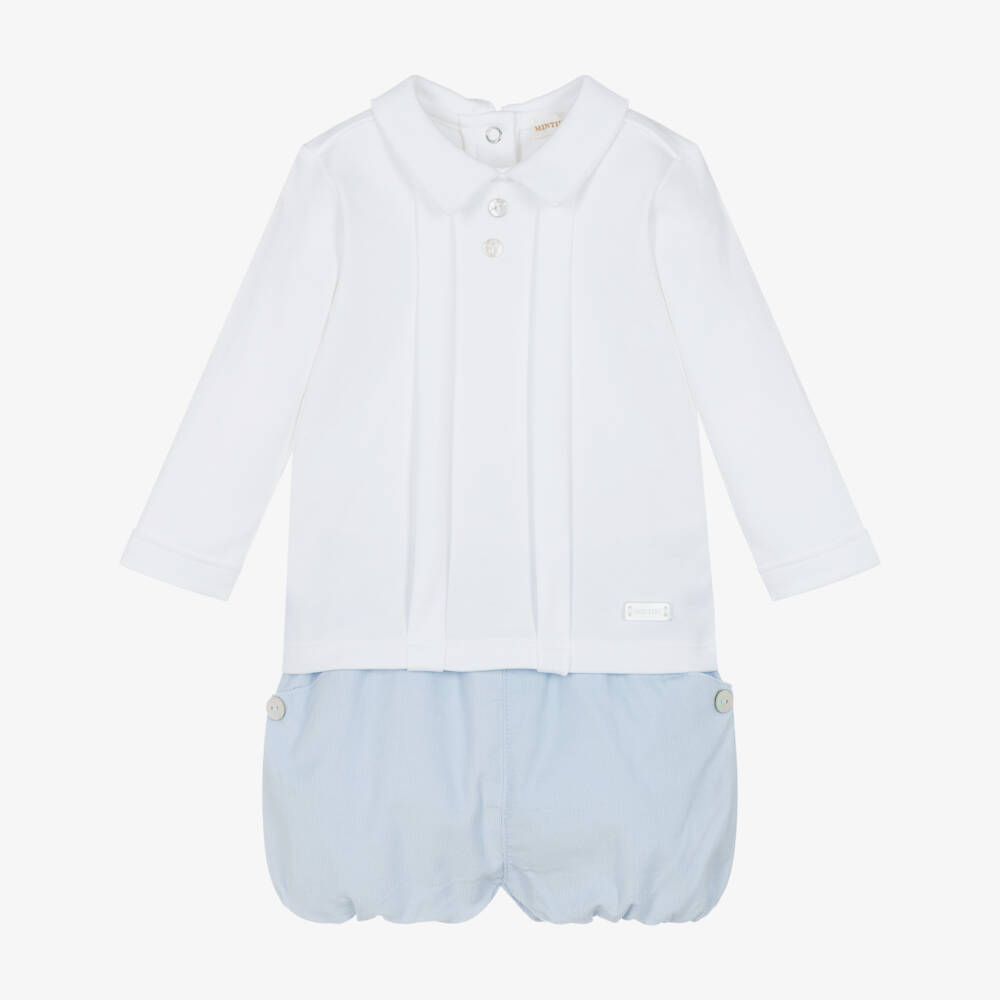 Mintini Baby-Baby Boys White & Blue Corduroy Shorts Set | Childrensalon Outlet