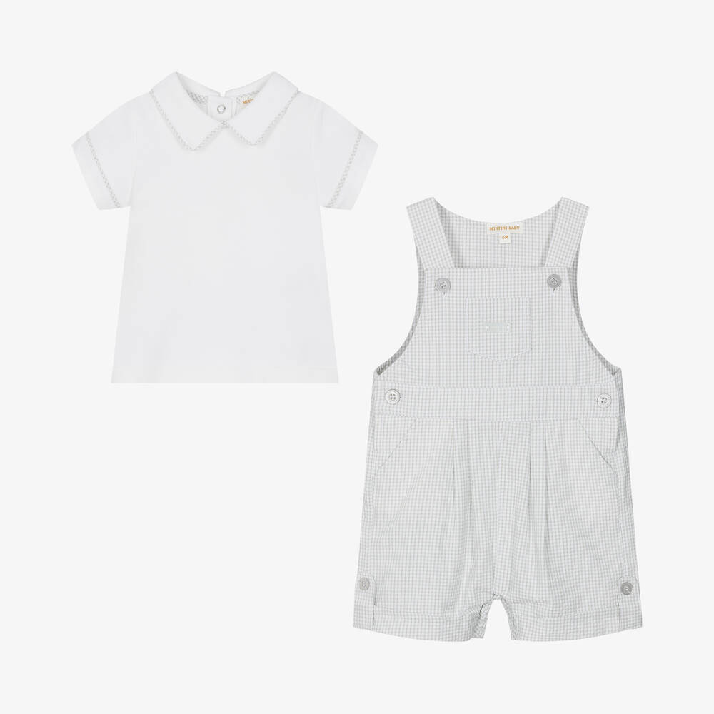 Mintini Baby-Baby Boys White & Grey Dungaree Shorts Set | Childrensalon Outlet