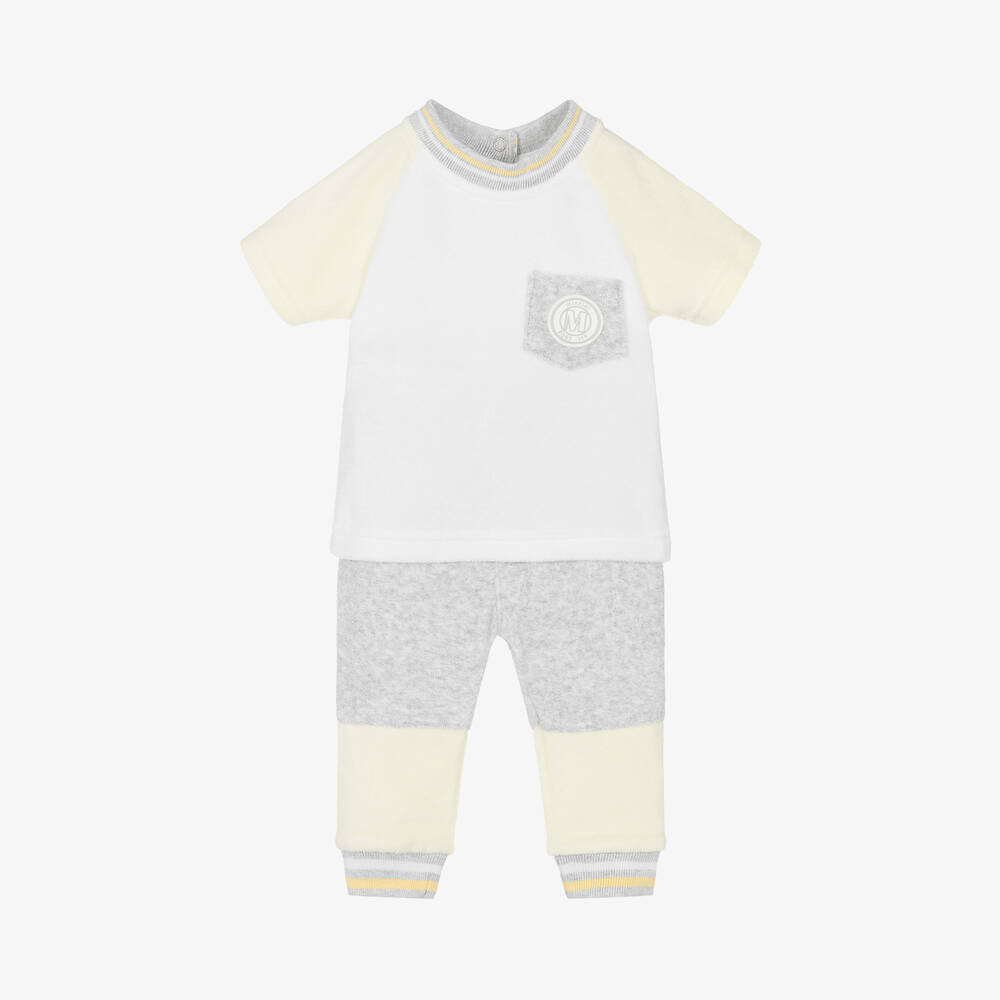 Mintini Baby-Baby Boys White & Grey Towelling Trouser Set | Childrensalon Outlet