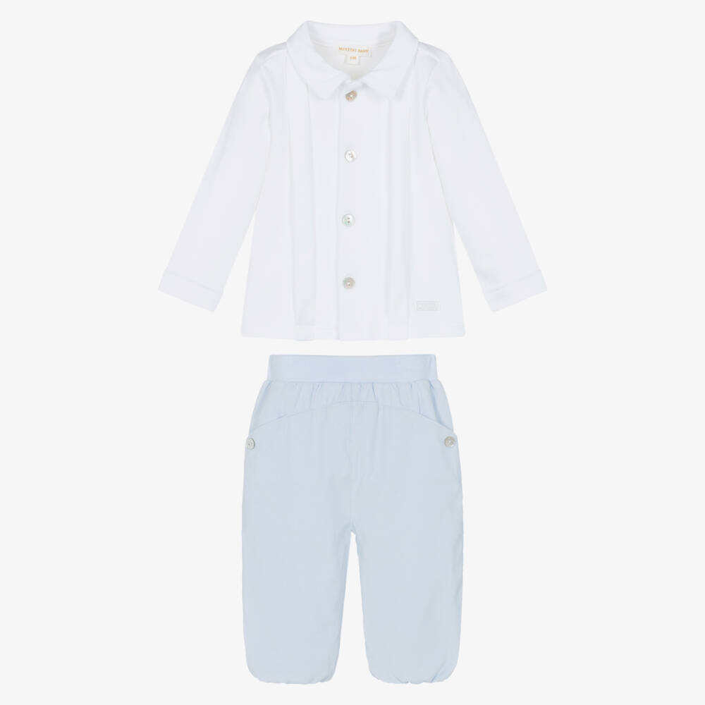Mintini Baby-Baby Boys White & Pale Blue Corduroy Trouser Set | Childrensalon Outlet