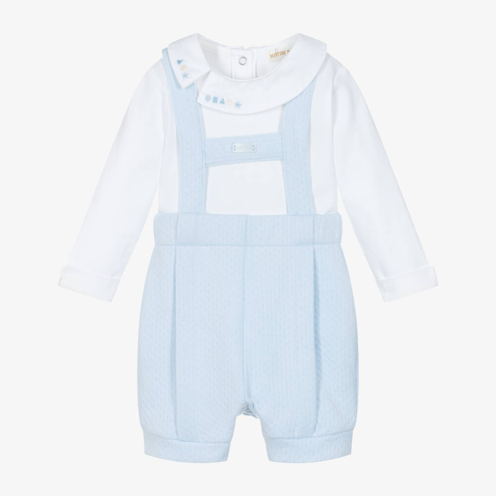 Mintini Baby-Baby Boys White & Pale Blue Dungaree Set | Childrensalon Outlet
