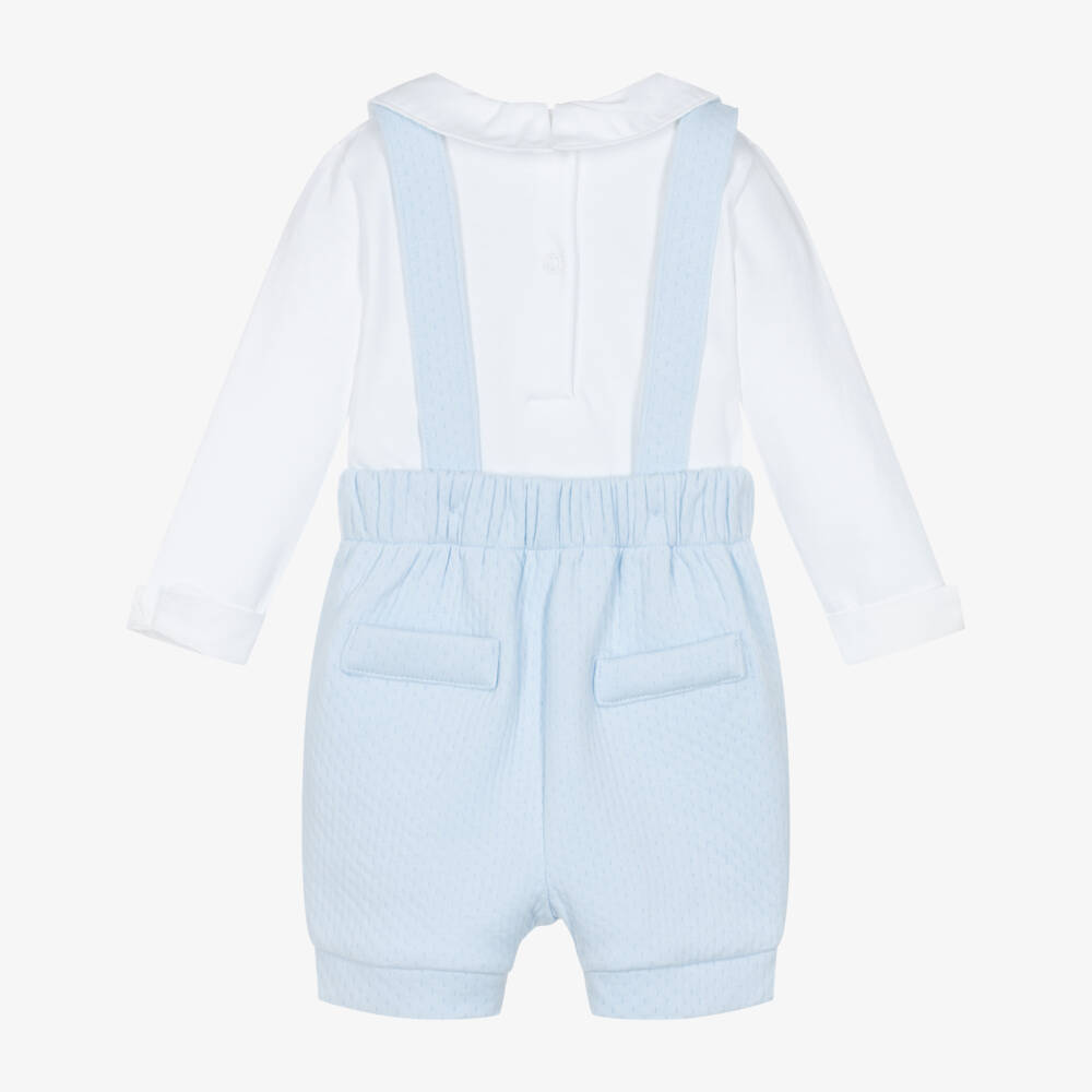Mintini Baby-Baby Boys White & Pale Blue Dungaree Set | Childrensalon Outlet