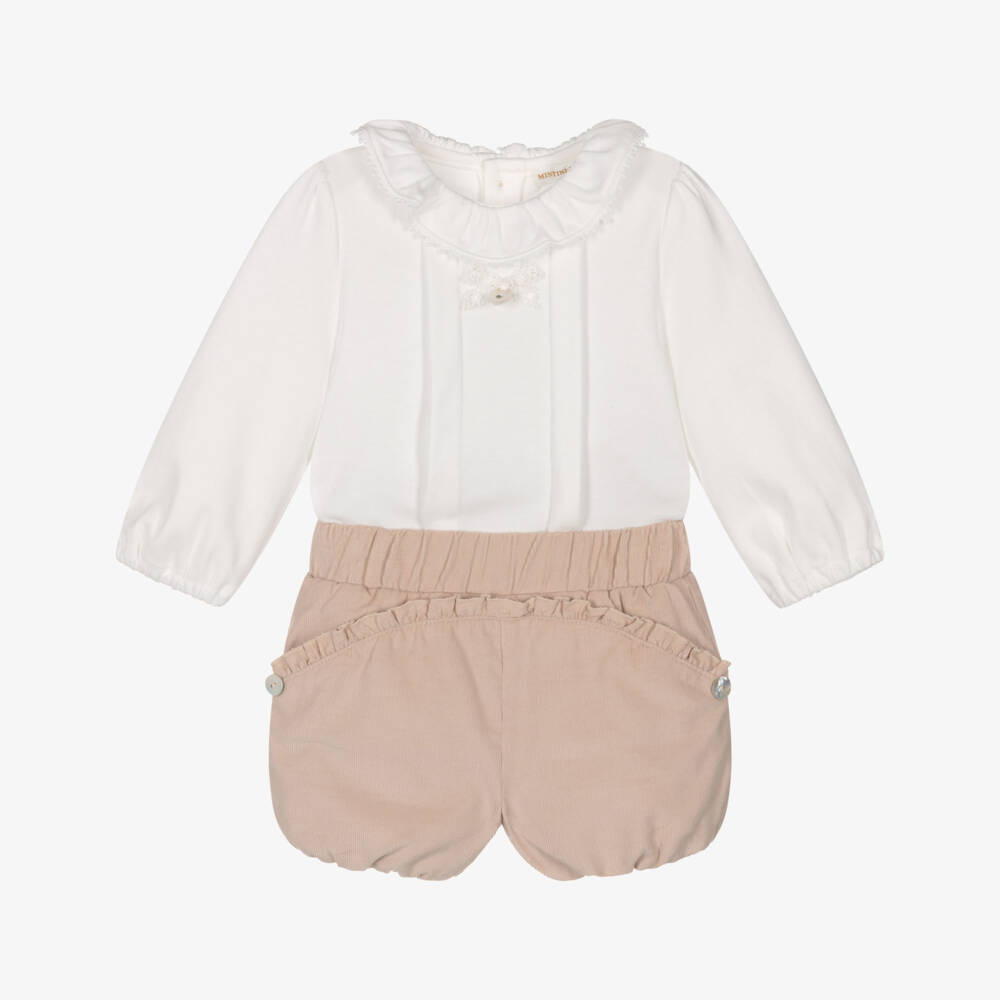 Mintini Baby-Baby Girls Beige Corduroy Shorts Set | Childrensalon Outlet