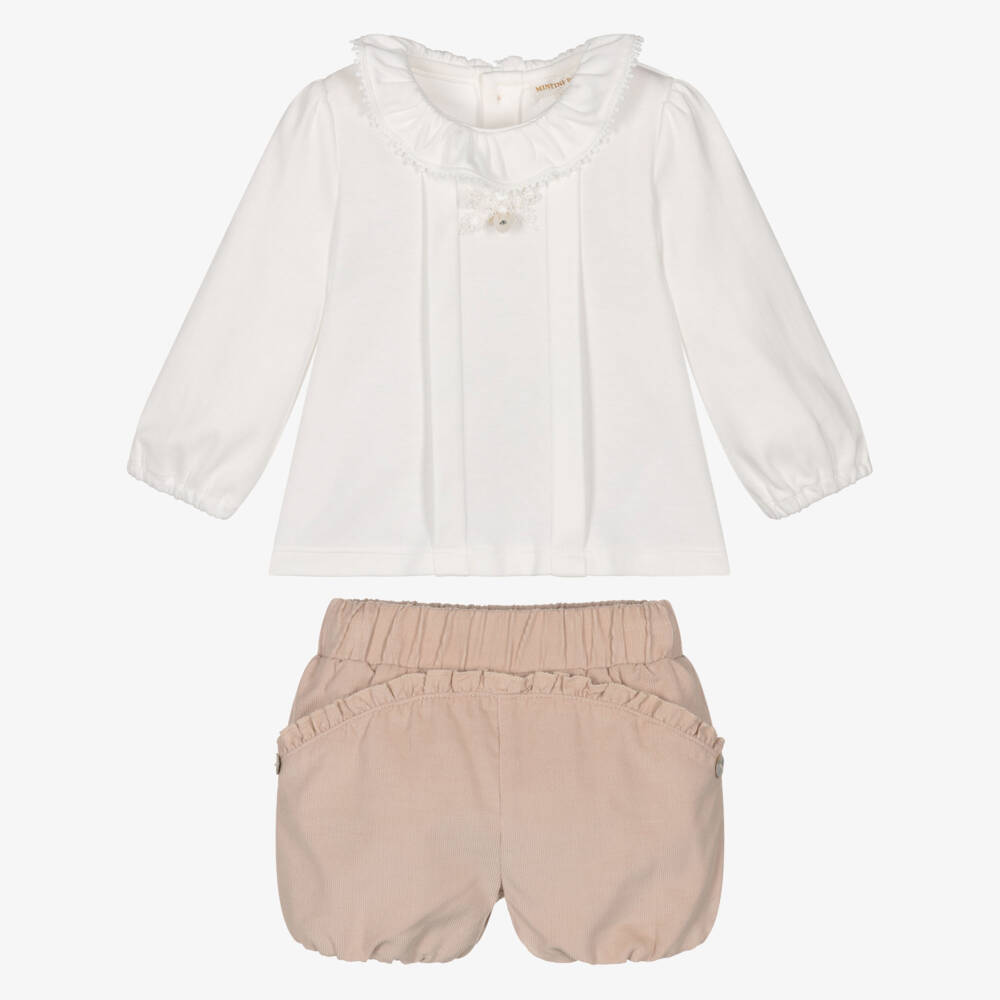 Mintini Baby-Baby Girls Beige Corduroy Shorts Set | Childrensalon Outlet
