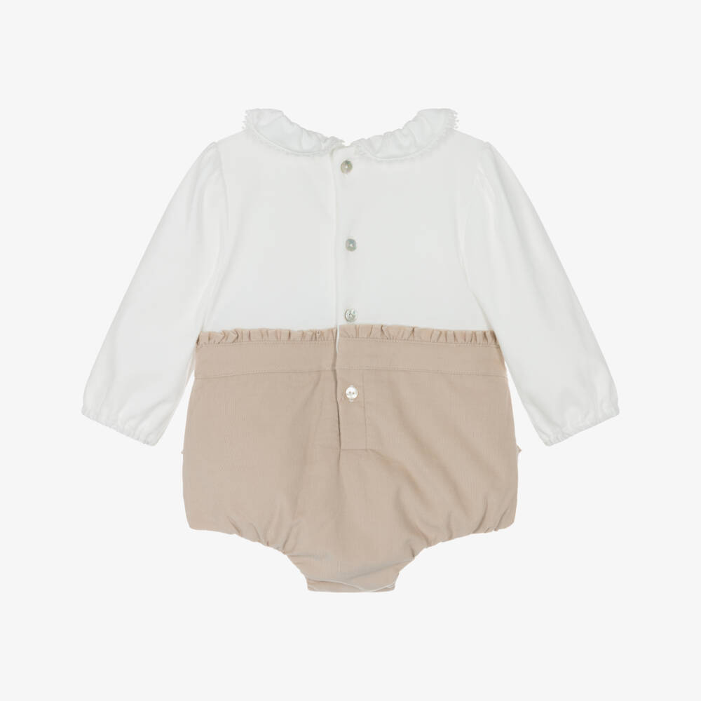Mintini Baby-Baby Girls Beige & White Cotton Jersey & Needlecord Shortie  | Childrensalon Outlet