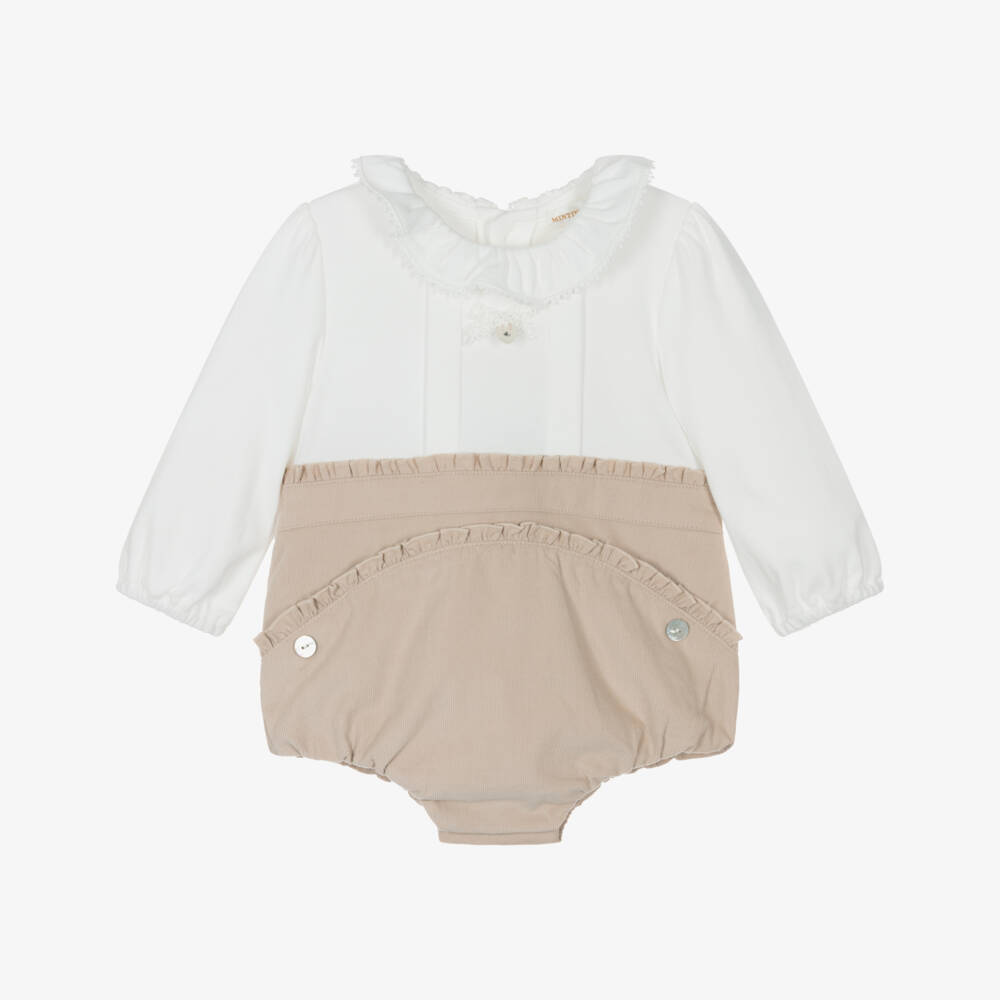 Mintini Baby-Baby Girls Beige & White Cotton Jersey & Needlecord Shortie  | Childrensalon Outlet