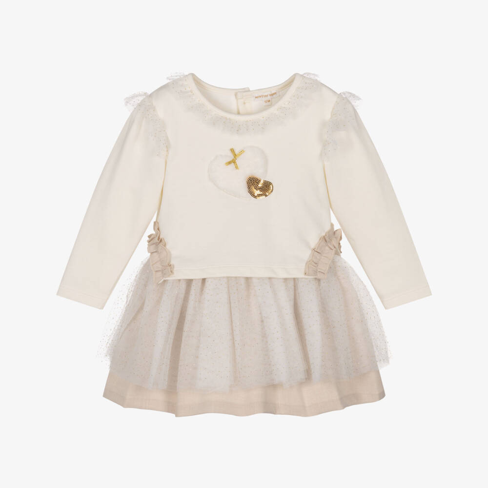 Mintini Baby-Baby Girls Ivory Jersey & Tulle Dress with Appliqué Hearts | Childrensalon Outlet