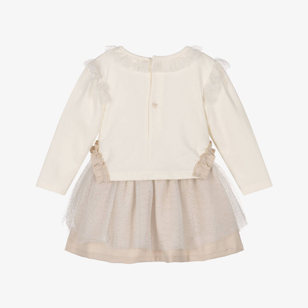 Mintini Baby-Baby Girls Ivory Jersey & Tulle Dress with Appliqué Hearts | Childrensalon Outlet