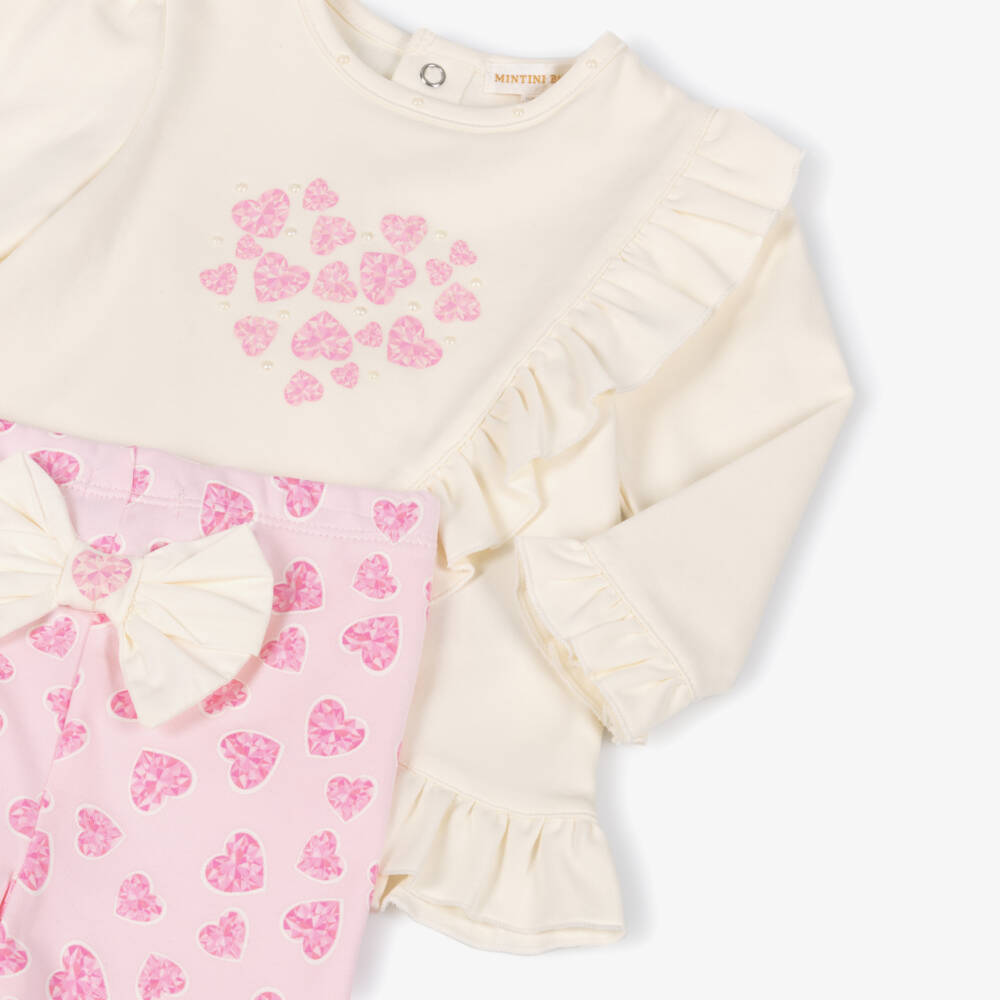 Mintini Baby-Baby Girls Ivory & Pink Heart Leggings Set | Childrensalon Outlet