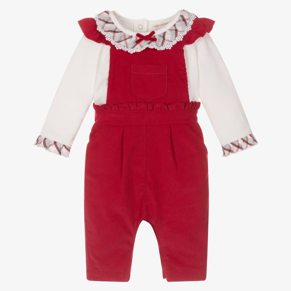 Mintini Baby-Baby Girls Ivory & Red Needlecord Dungaree Set  | Childrensalon Outlet