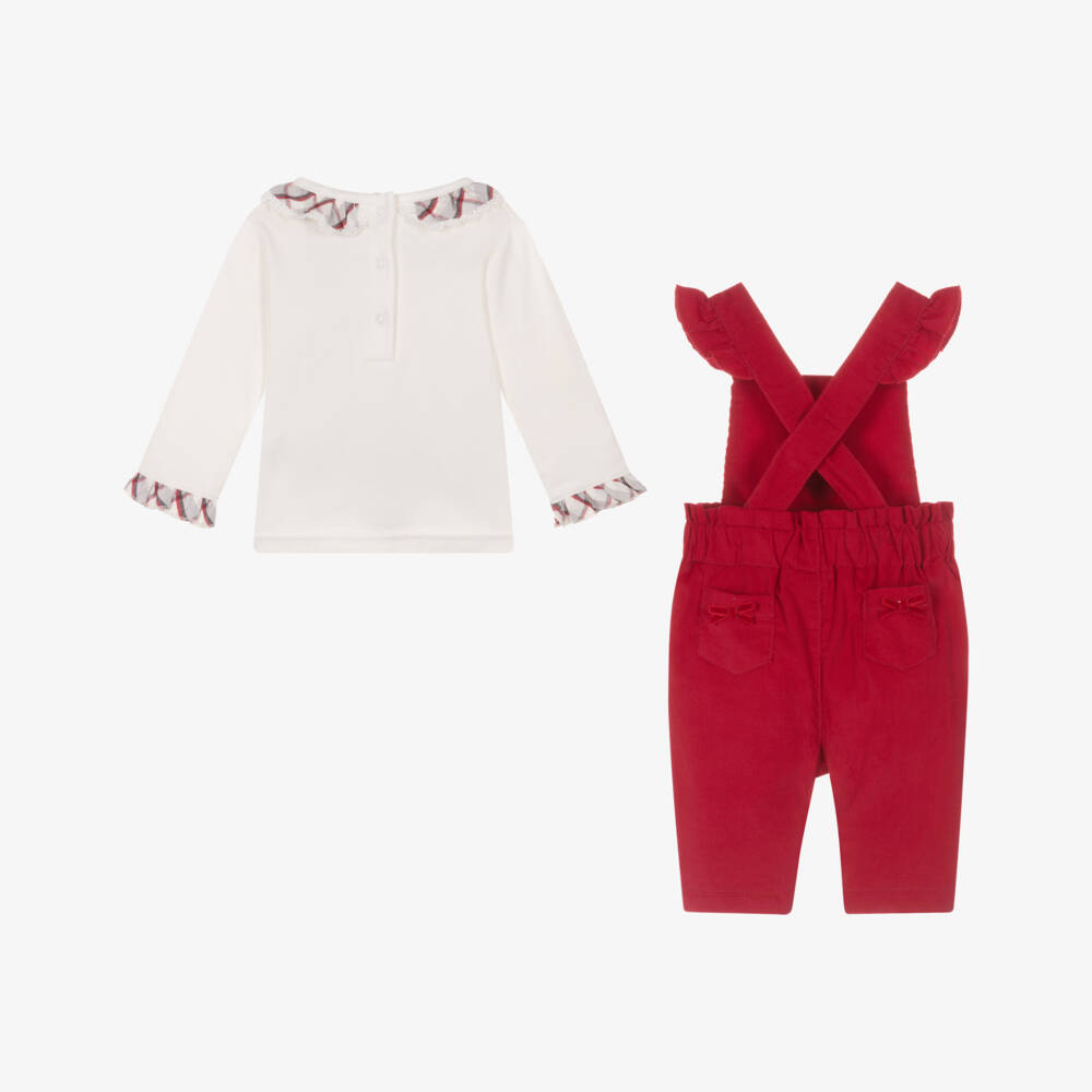 Mintini Baby-Baby Girls Ivory & Red Needlecord Dungaree Set  | Childrensalon Outlet