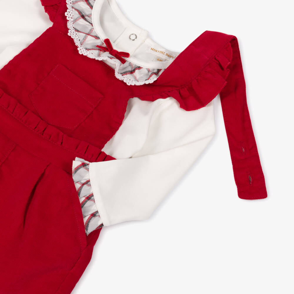 Mintini Baby-Baby Girls Ivory & Red Needlecord Dungaree Set  | Childrensalon Outlet
