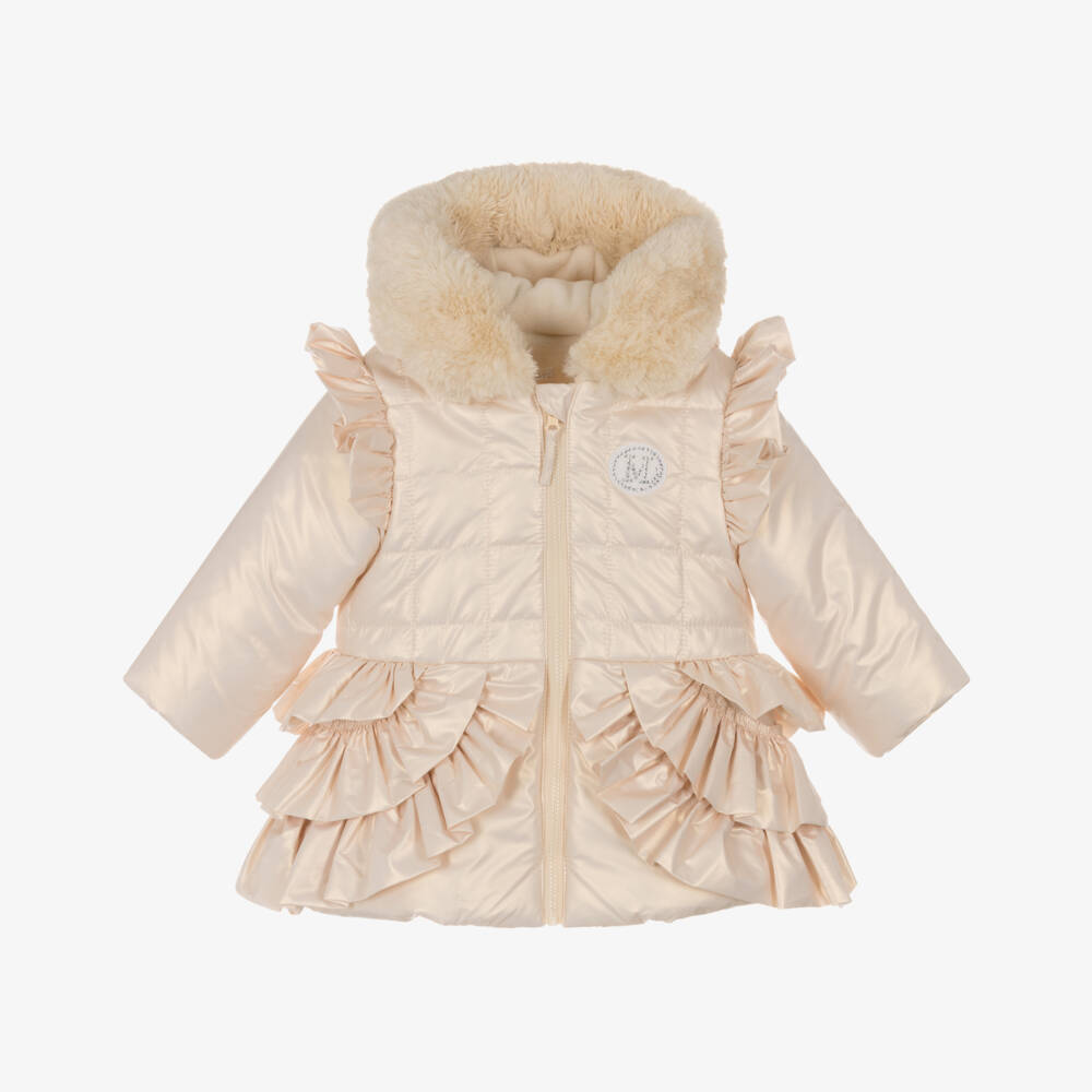 Mintini Baby-Baby Girls Pale Gold Hooded Coat with Ruffles | Childrensalon Outlet