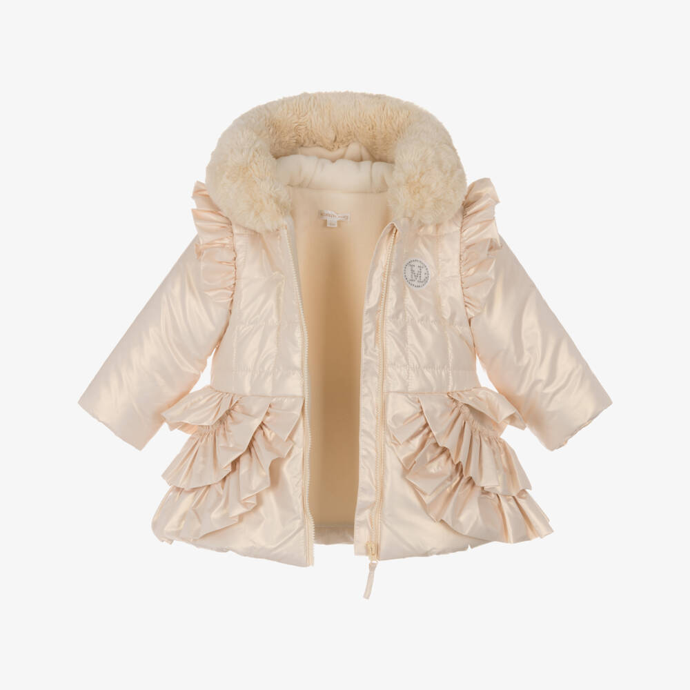 Mintini Baby-Baby Girls Pale Gold Hooded Coat with Ruffles | Childrensalon Outlet
