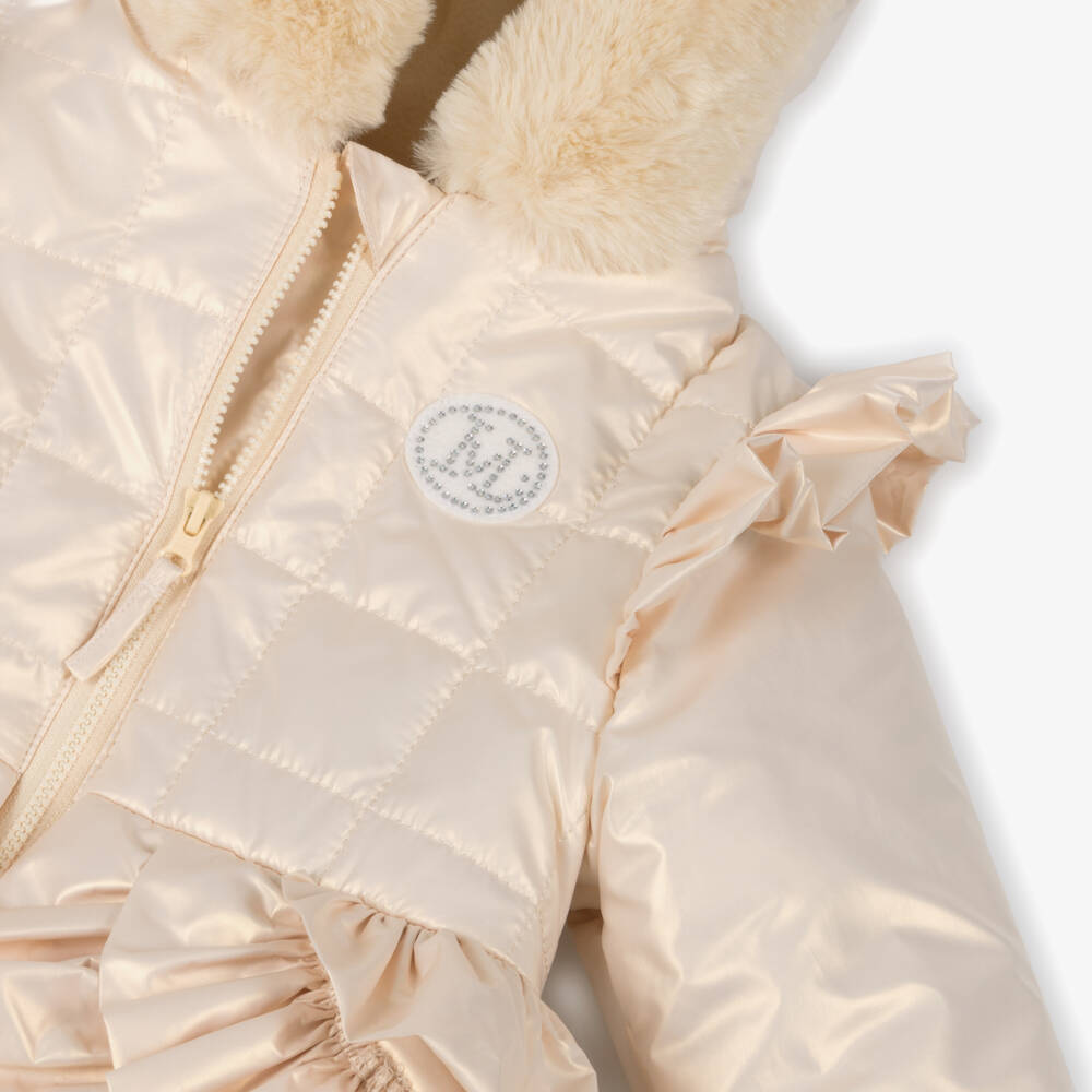 Mintini Baby-Baby Girls Pale Gold Hooded Coat with Ruffles | Childrensalon Outlet
