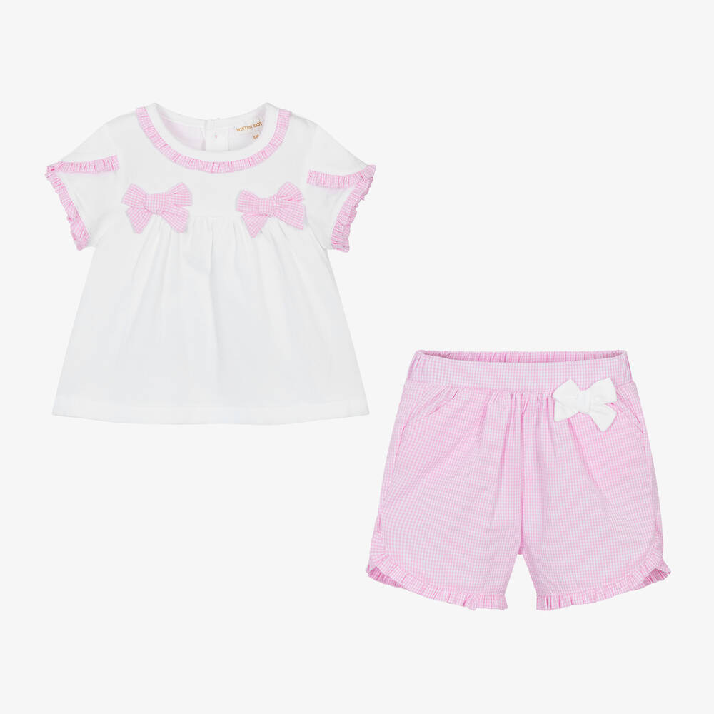 مينتيني بيبي-Baby Girls Pink Cotton Gingham Shorts Set | Childrensalon Outlet