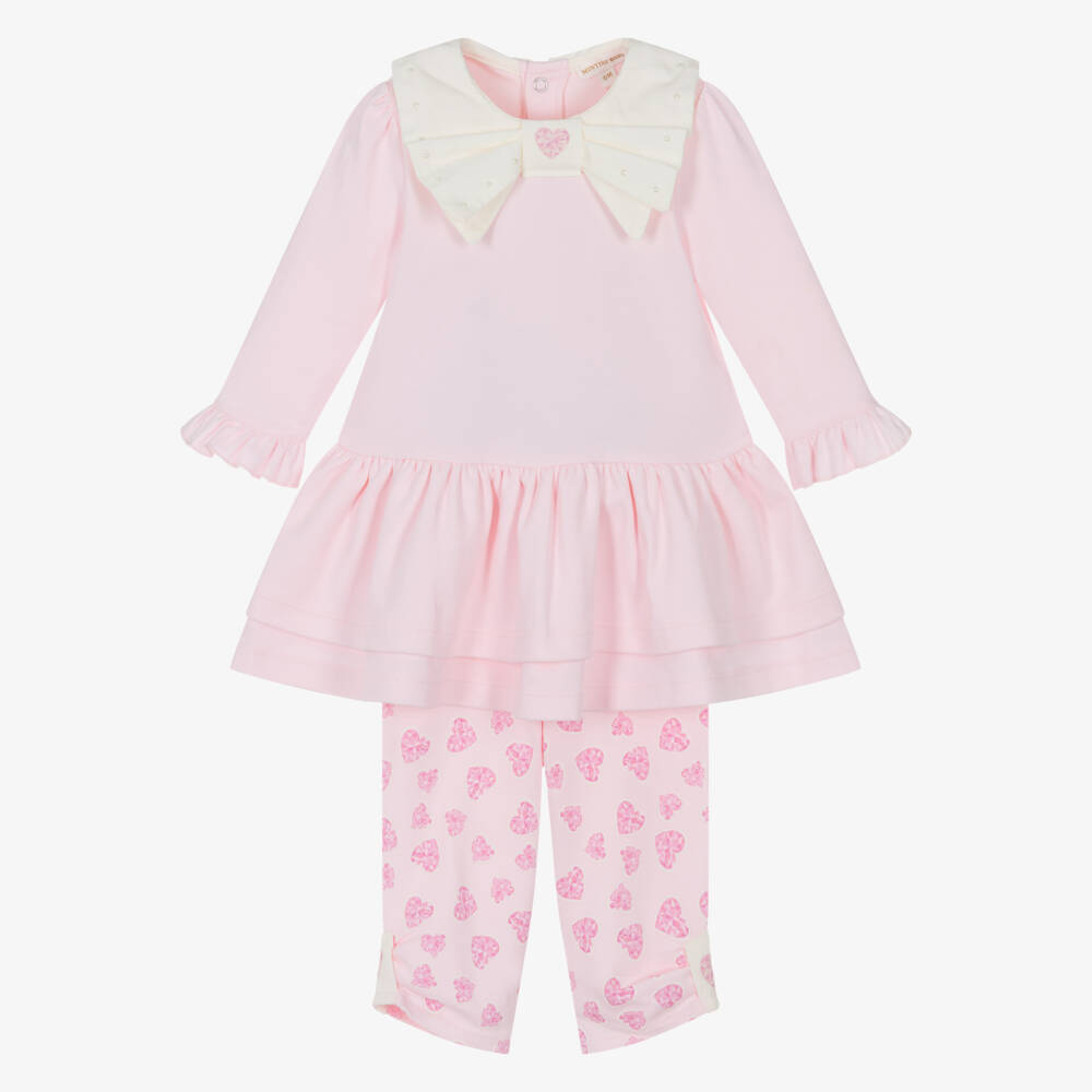 Mintini Baby-Baby Girls Pink Cotton Jersey Leggings Set with Ivory Collar | Childrensalon Outlet