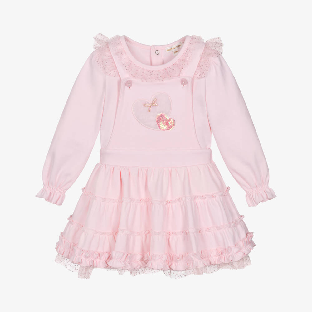 Mintini Baby-Baby Girls Pink Cotton Jersey Ruffle Pinafore Dress Set | Childrensalon Outlet