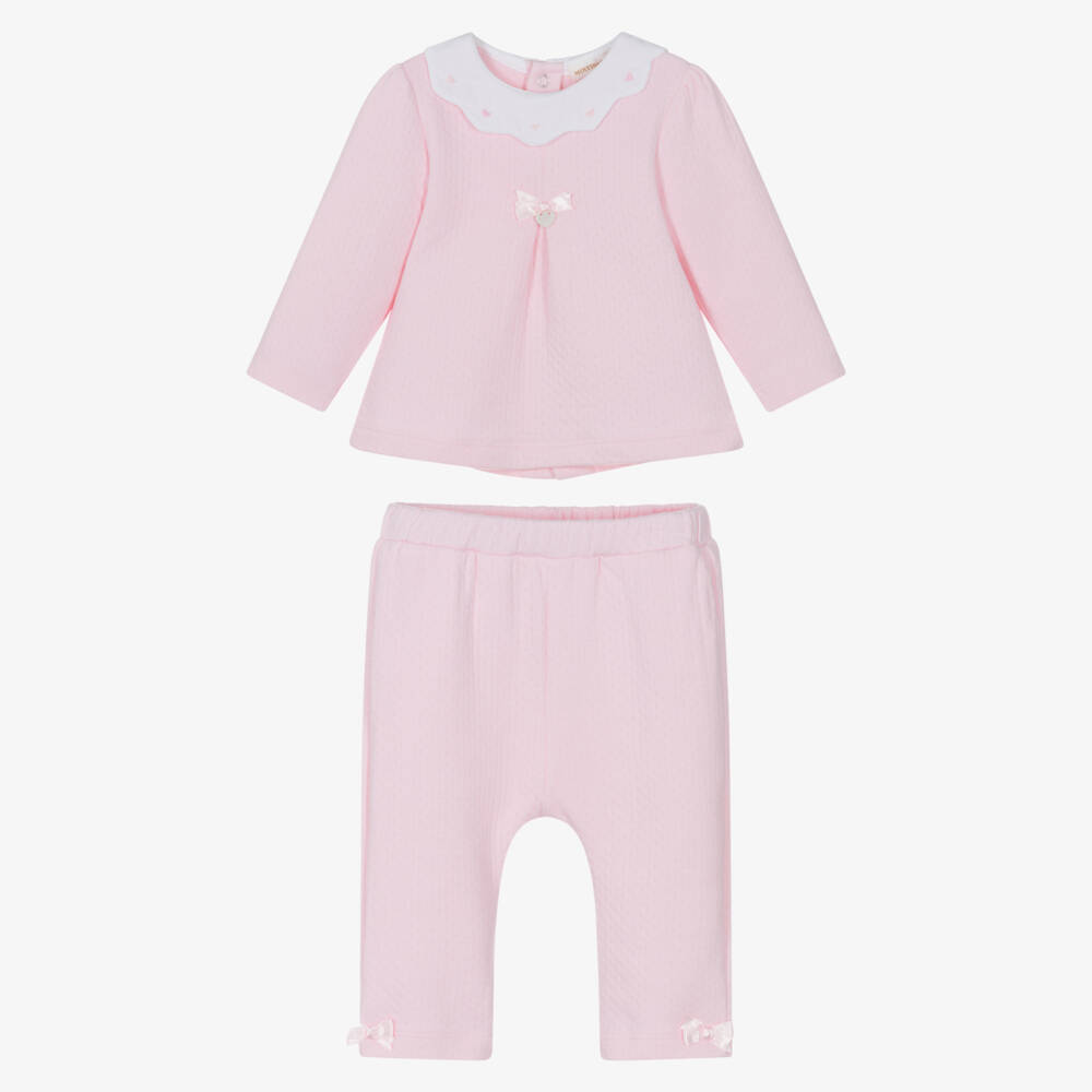 Mintini Baby-Baby Girls Pink Cotton Jersey Trouser Set with Satin Bows | Childrensalon Outlet