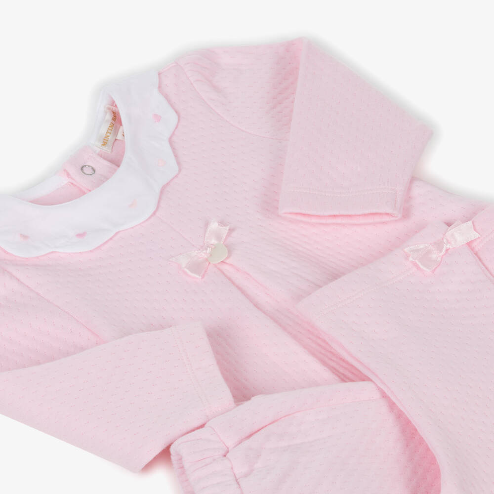 Mintini Baby-Baby Girls Pink Cotton Jersey Trouser Set with Satin Bows | Childrensalon Outlet