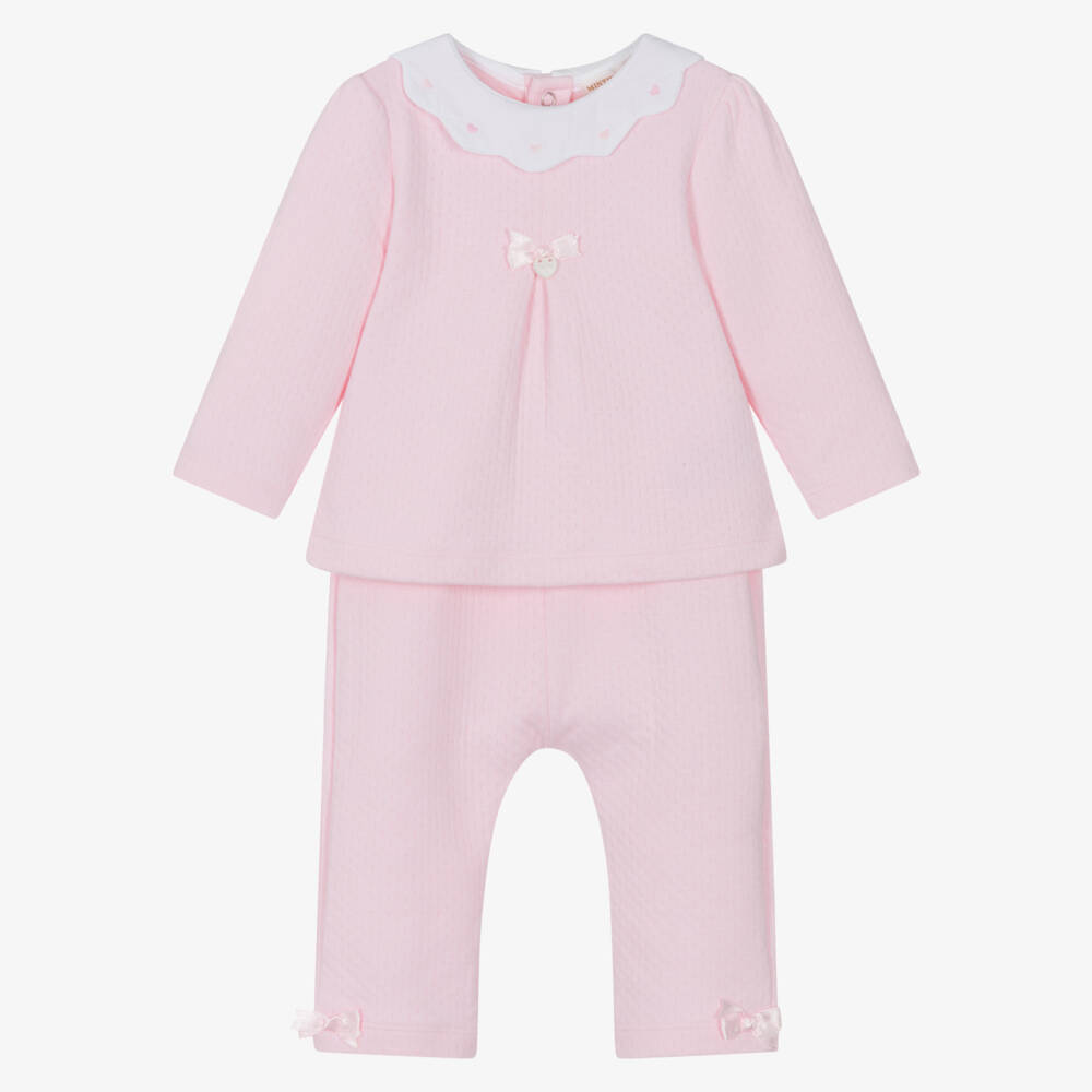Mintini Baby-Baby Girls Pink Cotton Jersey Trouser Set with Satin Bows | Childrensalon Outlet