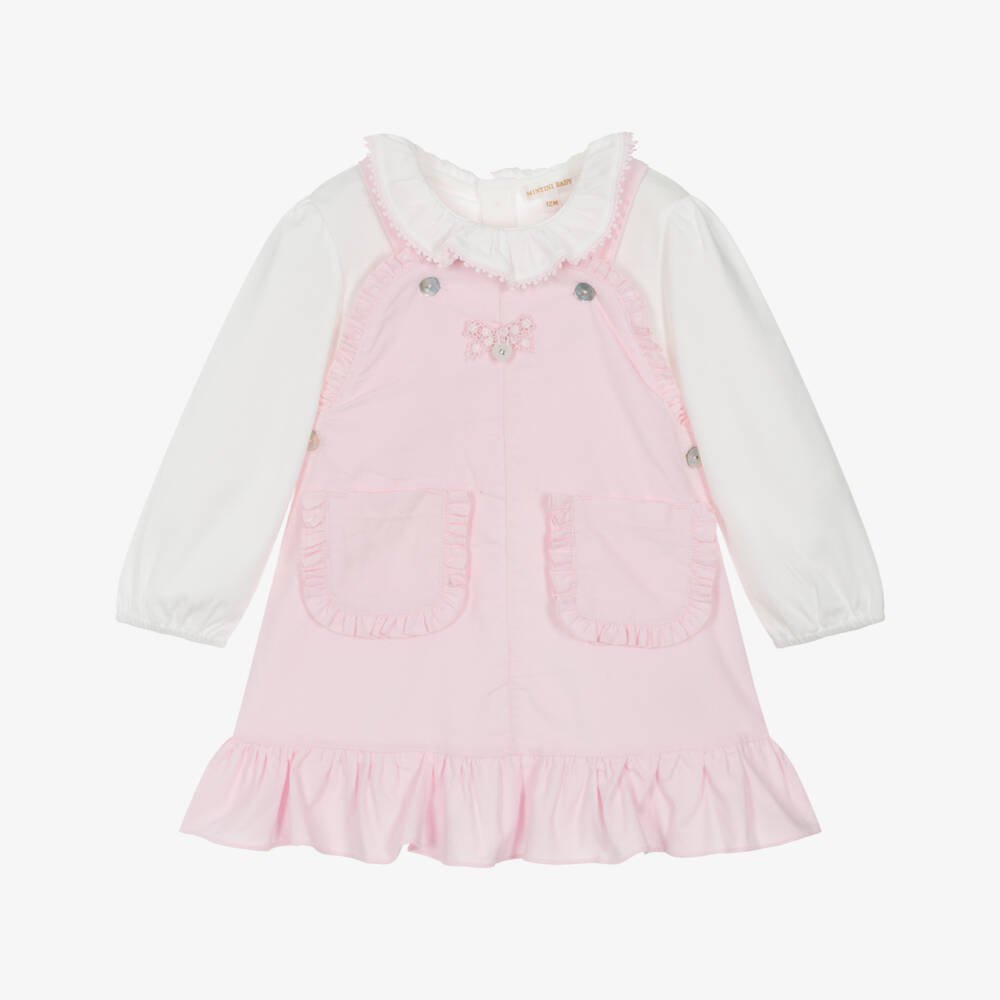 Mintini Baby-Baby Girls Pink Cotton Pinafore Dress Set with Ruffle Trim | Childrensalon Outlet