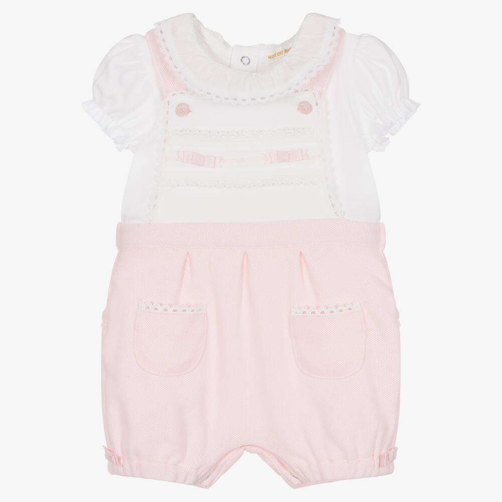 Mintini Baby - Baby Girls Pink Dungaree Shorts Set | Childrensalon