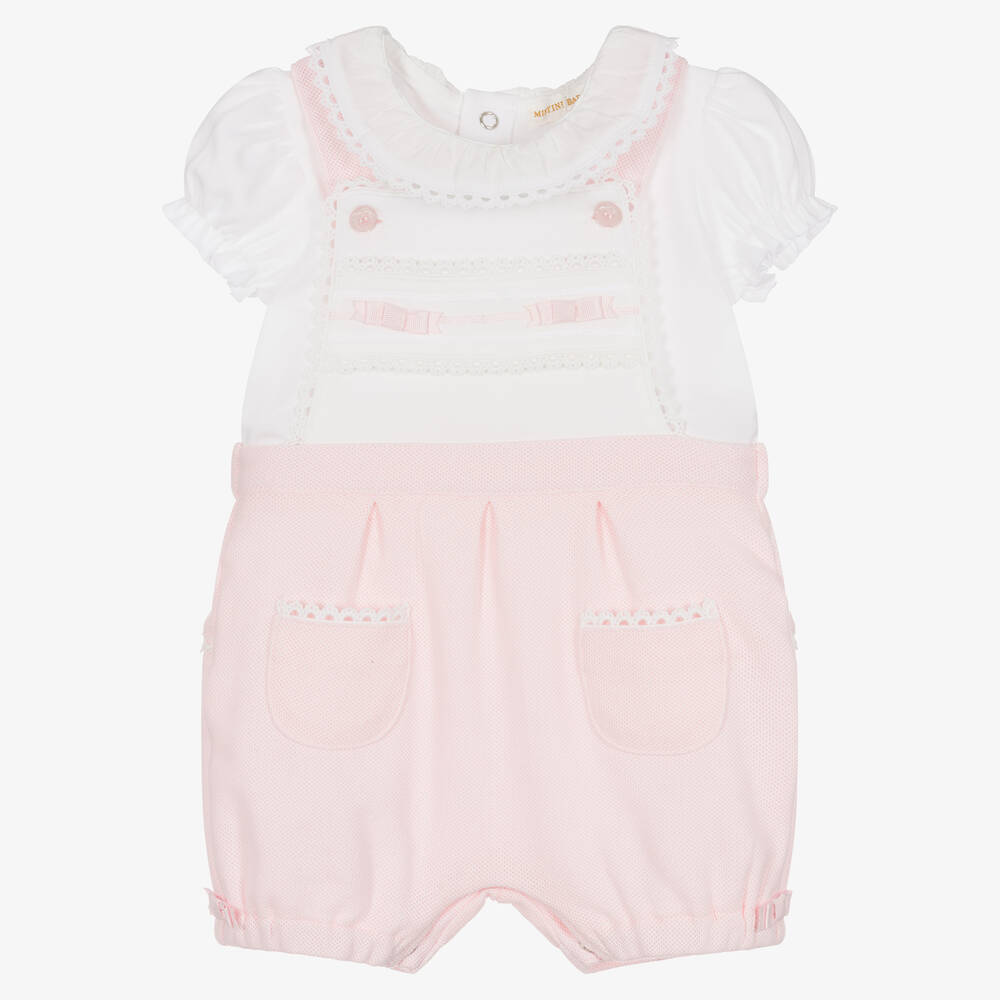Mintini Baby-Baby Girls Pink Dungaree Shorts Set | Childrensalon Outlet