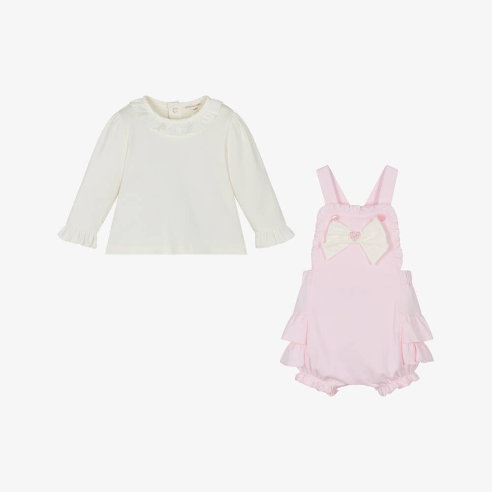 Mintini Baby-Baby Girls Pink & Ivory Cotton Jersey Dungaree Shorts Set | Childrensalon Outlet