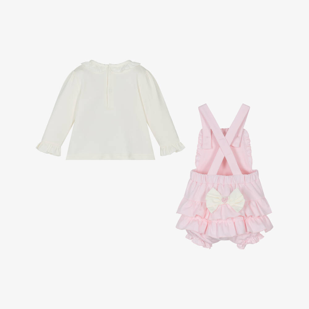 Mintini Baby-Baby Girls Pink & Ivory Cotton Jersey Dungaree Shorts Set | Childrensalon Outlet