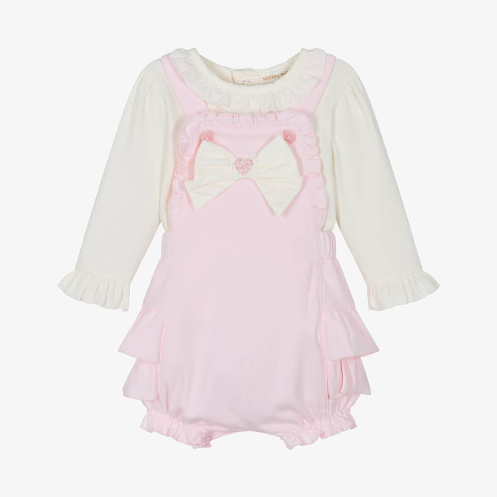 Mintini Baby-Baby Girls Pink & Ivory Cotton Jersey Dungaree Shorts Set | Childrensalon Outlet