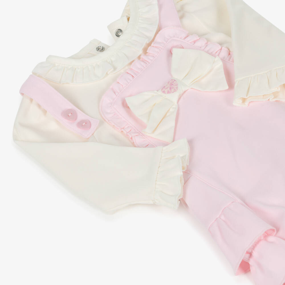 Mintini Baby-Baby Girls Pink & Ivory Cotton Jersey Dungaree Shorts Set | Childrensalon Outlet