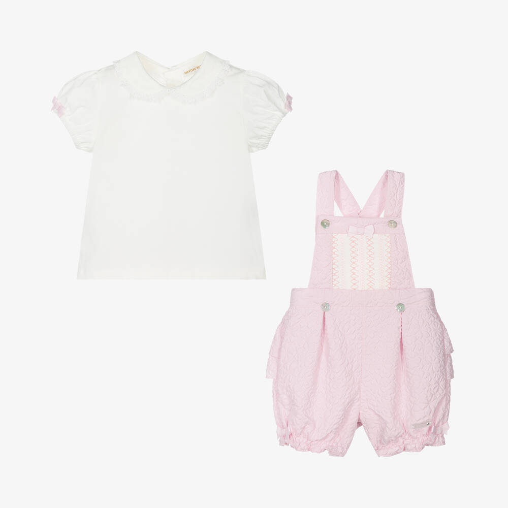 Mintini Baby-Baby Girls Pink Matelassé Dungaree Set | Childrensalon Outlet