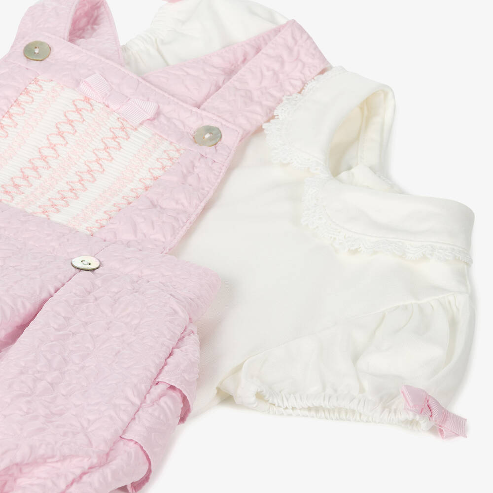 Mintini Baby-Baby Girls Pink Matelassé Dungaree Set | Childrensalon Outlet