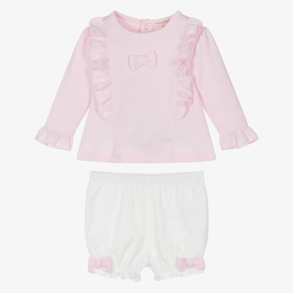Mintini Baby-Baby Girls Pink & White Cotton Shorts Set with Bows | Childrensalon Outlet