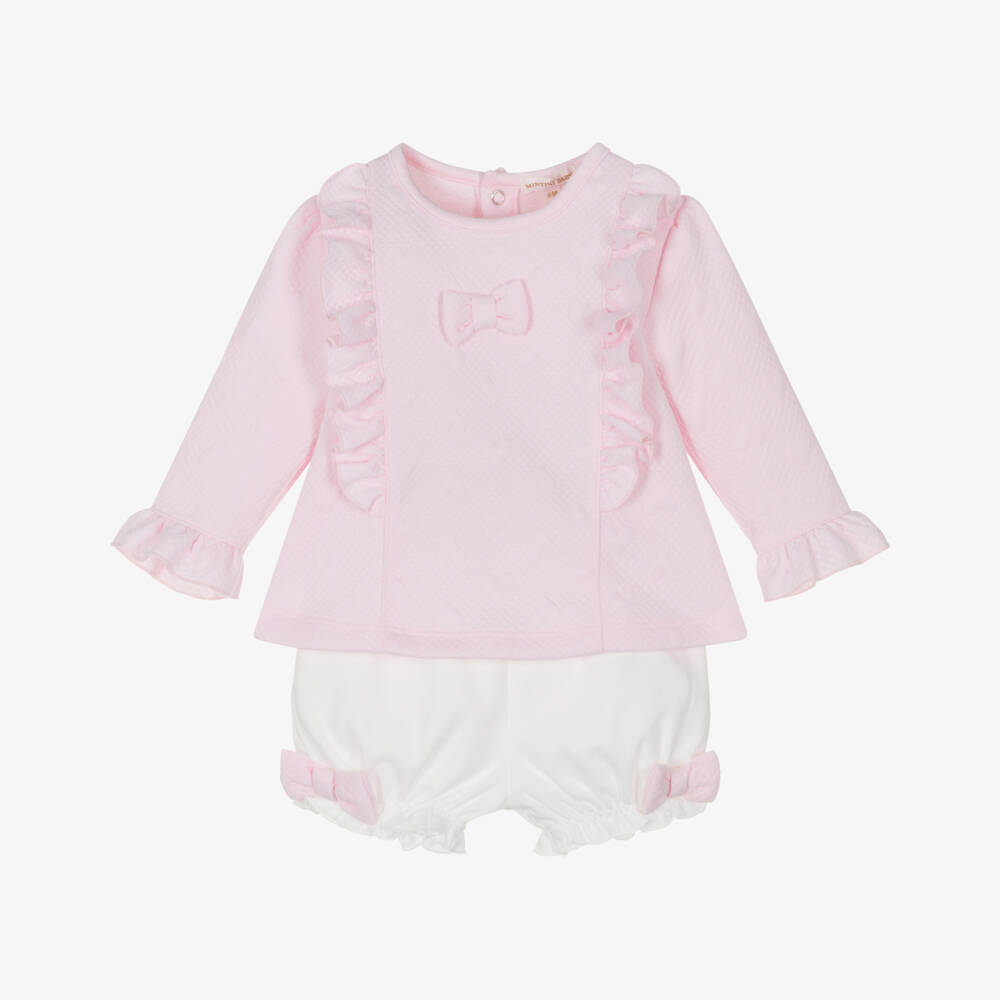 Mintini Baby-Baby Girls Pink & White Cotton Shorts Set with Bows | Childrensalon Outlet