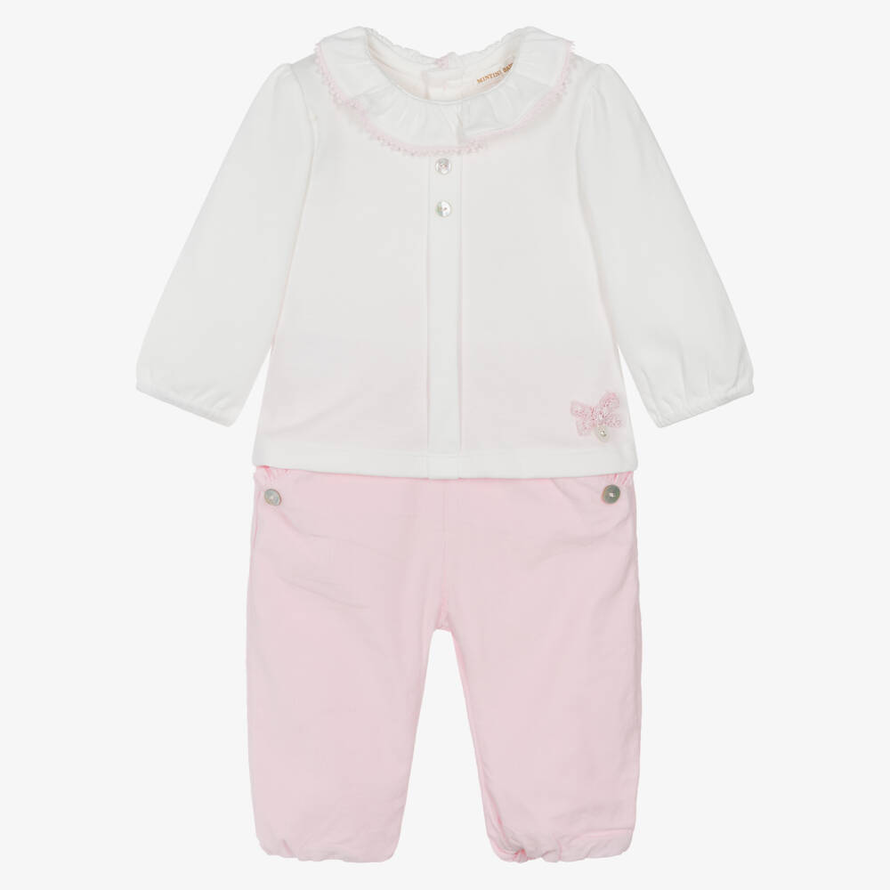 Mintini Baby-Baby Girls Pink & White Cotton Trouser Set | Childrensalon Outlet