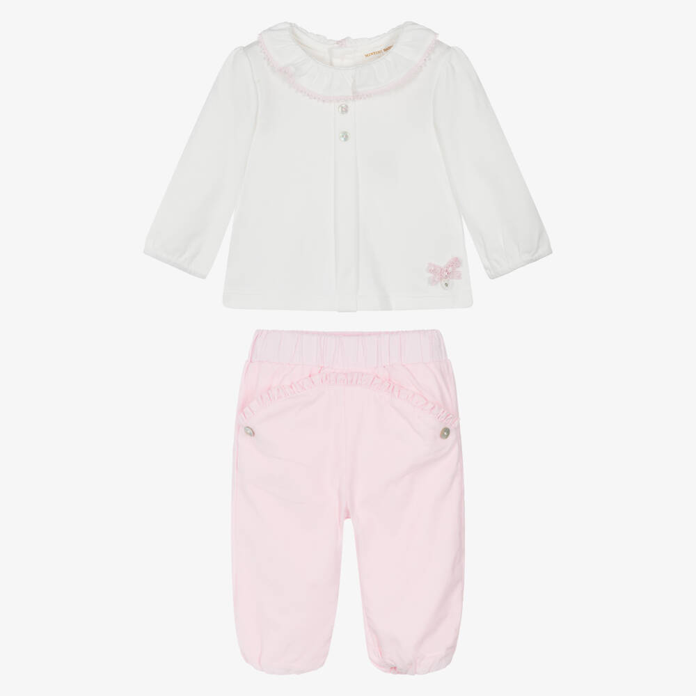 Mintini Baby-Baby Girls Pink & White Cotton Trouser Set | Childrensalon Outlet