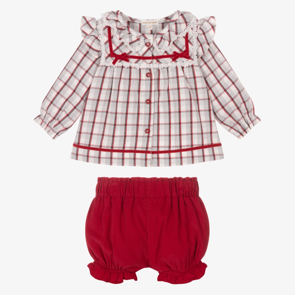 Mintini Baby-Baby Girls Red & Grey Check Top & Shorts Set  | Childrensalon Outlet