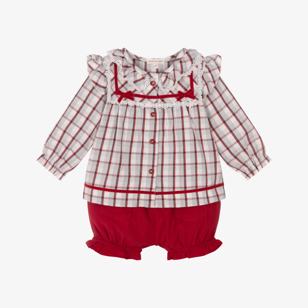 Mintini Baby-Baby Girls Red & Grey Check Top & Shorts Set  | Childrensalon Outlet