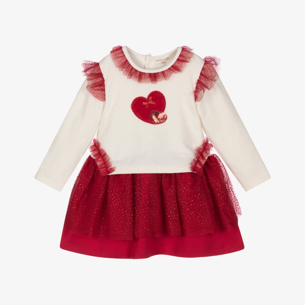 Mintini Baby-Baby Girls Red & Ivory Jersey Dress with Tulle Trims | Childrensalon Outlet
