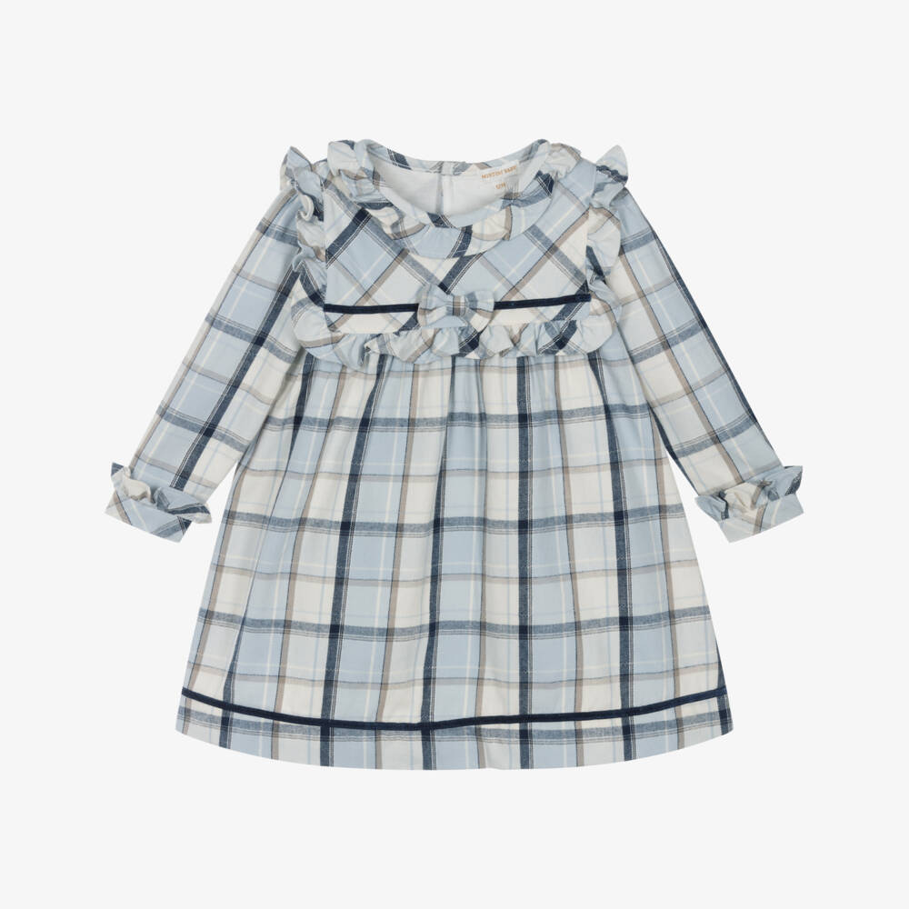 Mintini Baby-Baby Girls White & Blue Cotton Tartan Dress | Childrensalon Outlet