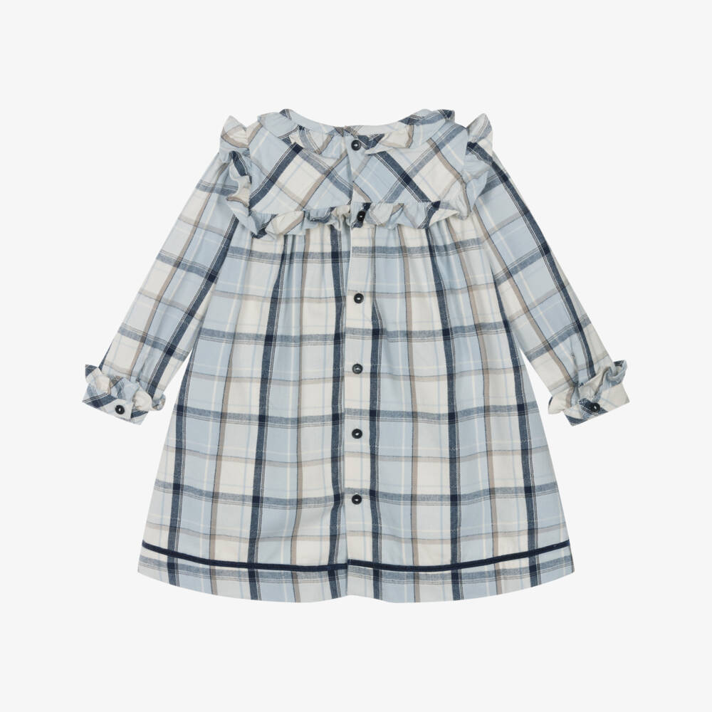 Mintini Baby-Baby Girls White & Blue Cotton Tartan Dress | Childrensalon Outlet
