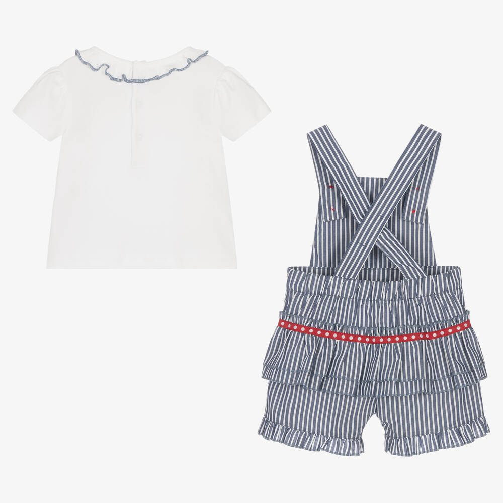 Mintini Baby-Baby Girls White & Blue Dungaree Shorts Set | Childrensalon Outlet