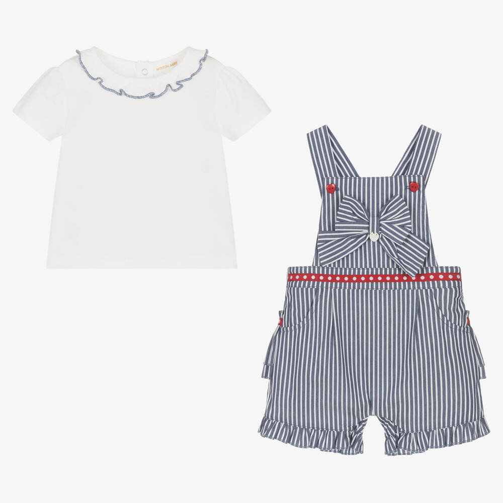 Mintini Baby-Baby Girls White & Blue Dungaree Shorts Set | Childrensalon Outlet