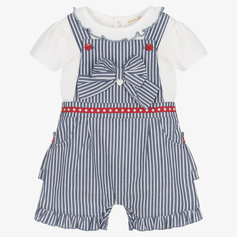Mintini Baby - Baby Girls White & Blue Dungaree Shorts Set | Childrensalon