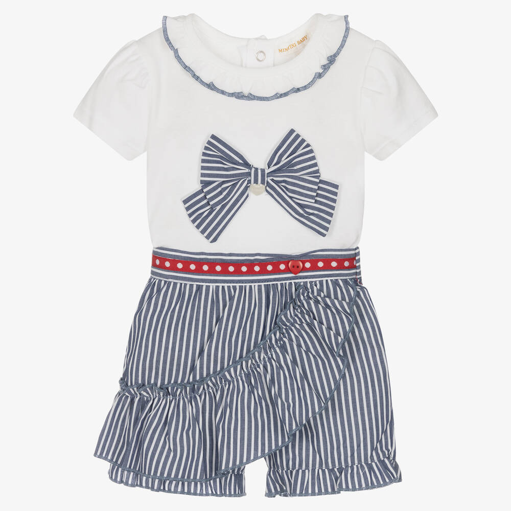 Mintini Baby - Baby Girls White & Blue Skort Set | Childrensalon