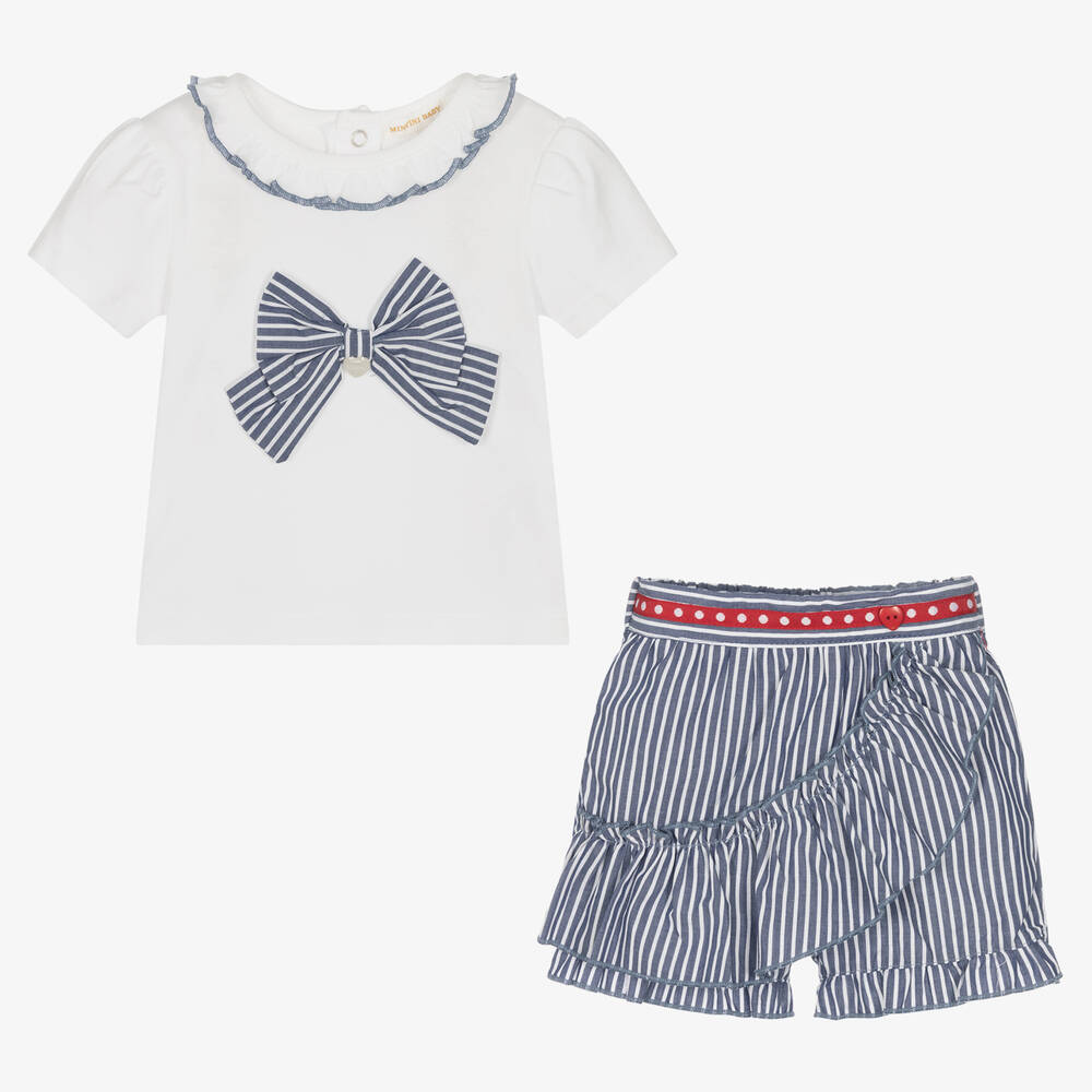 مينتيني بيبي-Baby Girls White & Blue Skort Set | Childrensalon Outlet