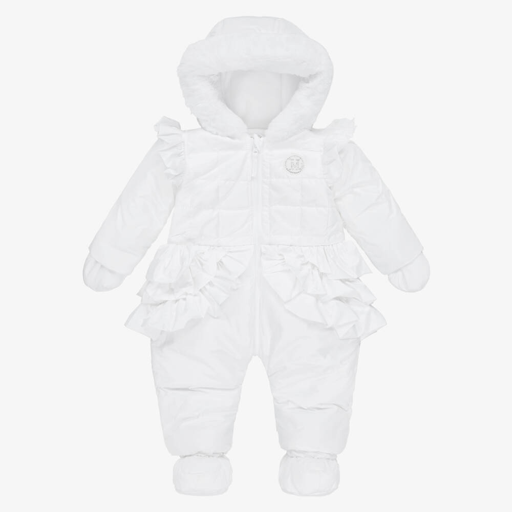 Mintini Baby-Baby Girls White Padded Snowsuit with Mittens & Booties | Childrensalon Outlet