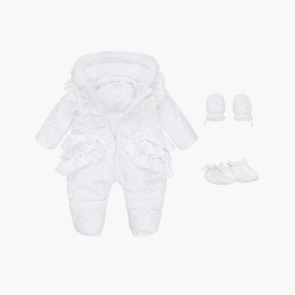 Mintini Baby-Baby Girls White Padded Snowsuit with Mittens & Booties | Childrensalon Outlet